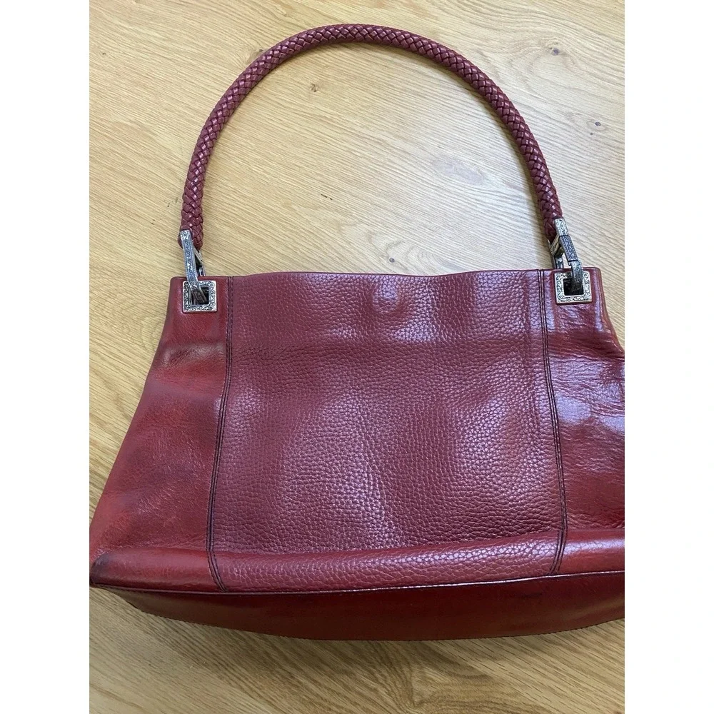 Vintage Brighton Charlotte Red Leather Shoulder Bag Braided‎ Strap Silver